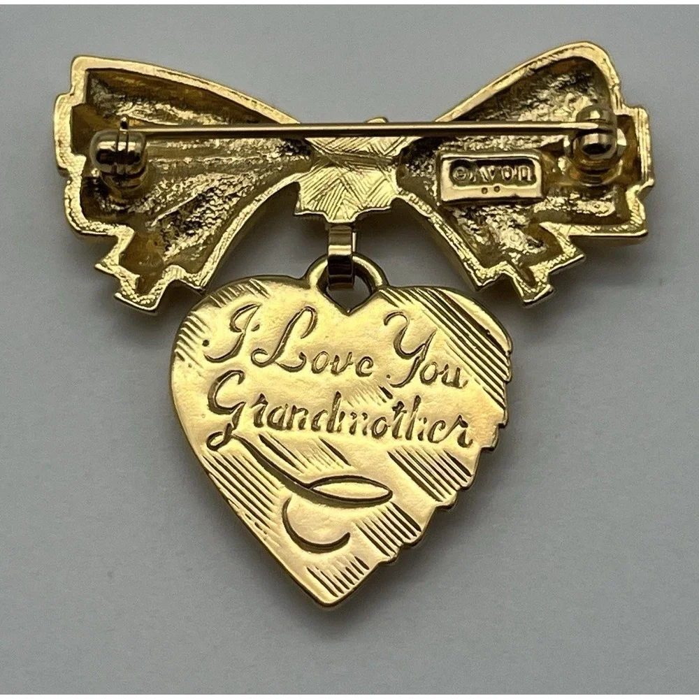 Vintage Avon I Love You Grandmother Brooch Heart And Bow‎ Pin Gold Tone